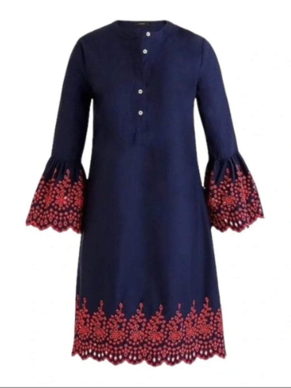 J. Crew Navy Blue Red Floral Embroidered Eyelet Bell Sleeve MIDI Dress XS